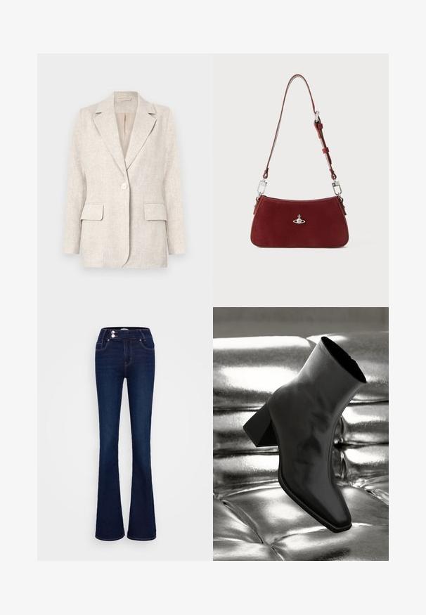 Harmaa beige liinapuku, jossa on lovellinen kaulus, yksittäinen nappikiinnitys ja kaksi etutaskua. Sujuva pinta ja räätälöity istuvuus.; Harmaa pitkähihaisessa paidassa on pystysuorat valkoiset raidat, kauluskohdistus ja vetoketjukiinnitys. Paidassa on muotoiltu malli ja kaareva helma.; Tummansinisiä leveälahkeisia farkkuja, joissa on korkea vyötärö, kaksi etutaskua ja kaksi napinläpeä. Valmistettu sileästä denimsistä.; Musta nilkkuri, joka on valmistettu kiiltävästä materiaalista, jossa on neliömäinen kärki ja kapeahko kanta, asetettuna kiiltävän hopean tuftatun taustan eteen.; Punainen mokkakankainen olkalaukku, jolla on kaareva muoto. Varustettu hopeanvärisellä yksityiskohdalla ja säädettävällä hihnalla, jossa on metalliyksityiskohtia. Pinta on sileä.