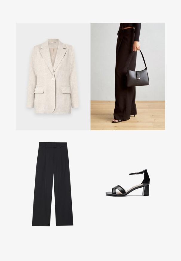 Hellbeige Leinenblazer mit Reverskragen, einer Knopfverschluss und zwei Fronttaschen. Glatte Textur mit tailliertem Schnitt.; Schwarz langärmliges Oberteil mit ausgestellt geschnittenen Bündchen, weicher Textur und entspannter Passform, mit einem schlichten runden Halsausschnitt.; Schwarze weit geschnittene Hosen mit glatter Textur, ausgestattet mit zwei vorderen Falten, einem Bund und ohne sichtbare Hardware oder Taschen.; Schwarze offene Sandale mit Absatz, gekreuzten Riemen, verstellbarem Knöchelriemen und einem klobigen Absatz, ausgestattet mit einer glatten Ledertextur.; Schwarze Handtasche mit strukturierter Form, glatter Textur und einem metallischen Verschluss. Kombiniert mit weiten schwarzen Hosen und offenen Sandalen auf einem Holzboden.