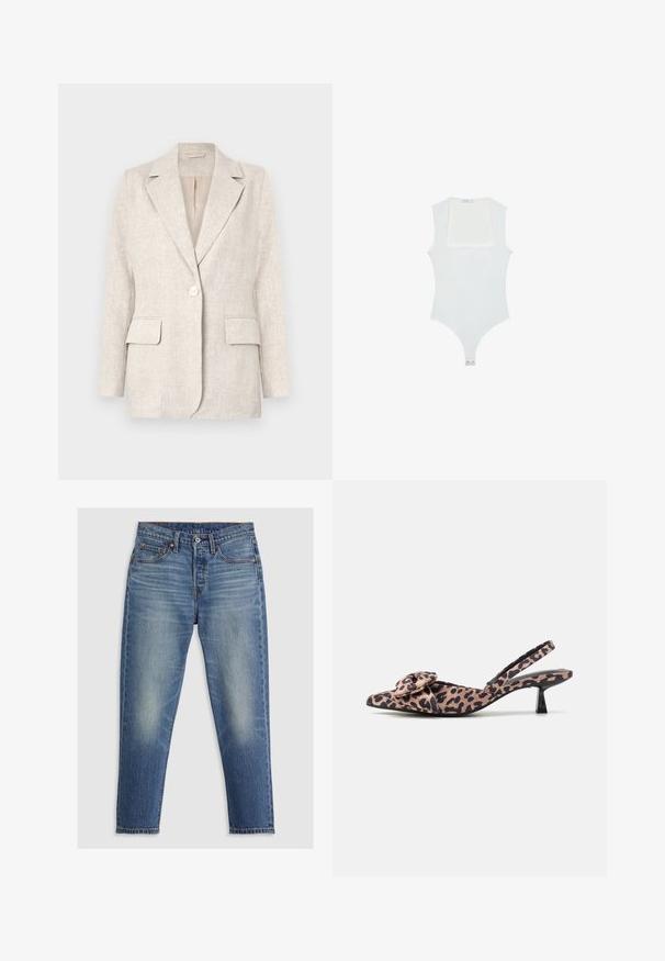 Blazer in lino beige chiaro con colletto a punte, chiusura a un bottone e due tasche frontali. Tessuto liscio con una vestibilità su misura.; Body bianco con scollatura quadrata, design senza maniche, texture liscia e chiusura a pressione sul fondo. Stile semplice e minimalista.; Jeans in denim blu chiaro con taglio dritto, cinque tasche, patta con bottoni e leggeri sbiadimenti sulle cosce. Cuciture a contrasto visibili.; Décolleté con cinturino a slingback in tessuto a stampa leopardata con un accessorio a fiocco, dotate di un tacco basso nero e una texture liscia.