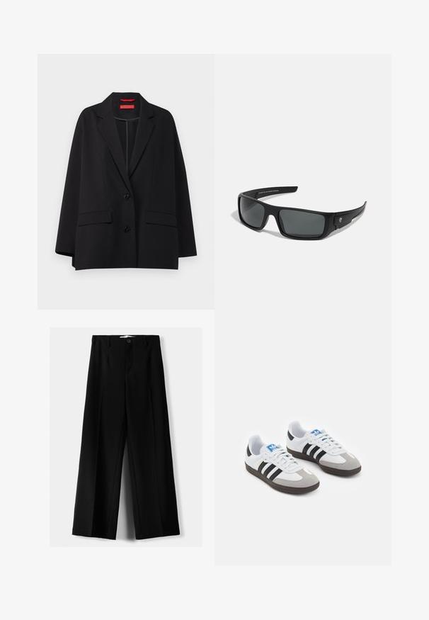 MAX&Co. VARCO - Bleiseri - black; Kaksi pitkähihasta paitaa: yksi musta ja yksi valkoinen. Molemmissa on pyöreä pääntie ja sileä, ribbitekstuuri. Brändilogo näkyvissä pääntiellä.; Mustat leveälahkeiset housut, jotka on valmistettu kevyestä kankaasta. Housuissa on etunappikiinnitys ja tasainen etuosa, sekä huolellisesti ommellut helmat.; Urheilukengät, joissa on valkoinen nahkainen päällinen, harmaa mokkanokka ja kolme mustaa raitaa. Ominaisuuksina sininen logo kielekkeessä ja kuvioitu kumipohja.; Mustat aurinkolasit, joissa on suorakulmainen kehys, tummanharmaat linssit ja sileä muovipinta. Huomiota herättävä logo aksentti sivulla.; Musta nailon olkalaukku, jossa on kaareva muoto, hopeinen ketjuviimeistely, irrotettava pikkupussi ja säädettävä hihna; sisältää "Steve Madden" -logon.