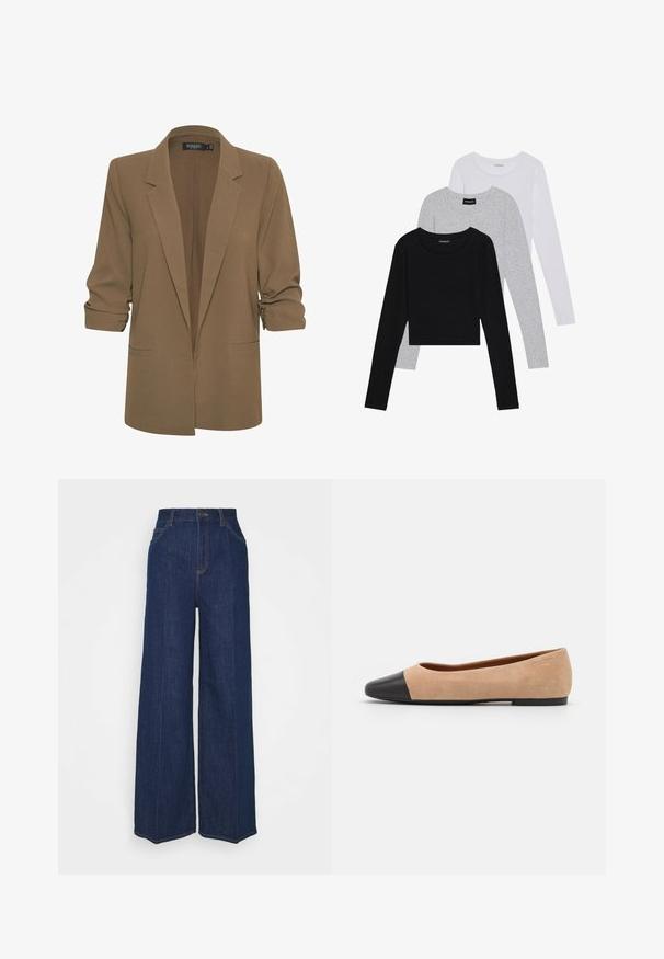 Brun blazer med skräddarsydd design, slagkragar, uppvikta ärmar och två framfickor. Slät tyg med en lätt lyster.; Tre långärmade tröjor staplade: svart, grå och vit. Var och en har en rund halsringning och en kort design med mjukt, lätt material.; Höga vida jeans i mörkblå denim med fram- och bakfickor, knäppning och synliga söm detaljer.; Beige mockasins med rund svart lädertå, låg klack och mjuk yta, med minimal sömnad och en ren design.
