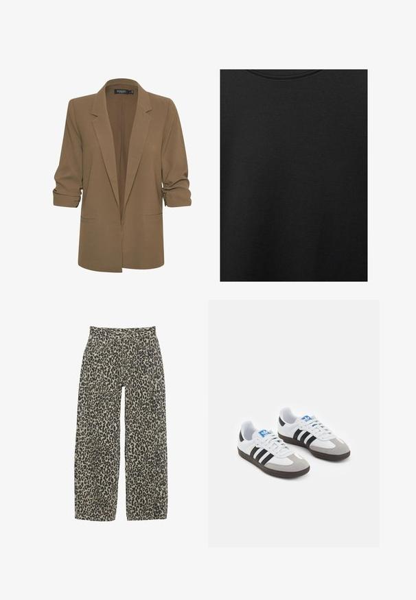 Brauner Blazer mit taillierter Passform, Reverskragen, hochgeschlagenen Ärmeln und zwei Fronttaschen. Glattes Material mit leichtem Glanz.; Schwarzer Baumwollstoff mit glatter Textur und Rundhalsausschnitt, der ein dezentes, gleichmäßiges Strukturmuster aufweist. Keine sichtbaren Logos oder Akzente.; Leopardenmuster weite Hosen in einem neutralen Beige- und Schwarzfarbschema. Verfügt über eine hohe Taille, fünf Taschen und einen Knopfverschluss.; Sportschuhe mit einem Obermaterial aus weißem Leder, grauer Wildleder-Zehenkappe und drei schwarzen Streifen. Sie verfügen über ein blaues Logo auf der Zunge und eine strukturierte Gummisohle.