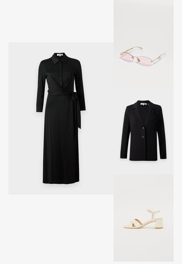 Črni blazer z izrezanim ovratnikom, dvema sprednjima gumboma in krojenimi šivi. Narejen iz gladkega materiala z dolgimi rokavi in strnjeno silhueto.; Črna obleka z zavitjem, narejena iz gladkega blaga, z ovratnikom, sprednjim gumbom, dolgimi rokavi, pasom in dolžino do tal.; Bež lakirane usnjene sandale s peto z zasnovo čez trak, odprtim prstom, nastavljivim gležnjenjem in blok peto. Gladka tekstura.; Gucci Sončna očala - gold-coloured/pink