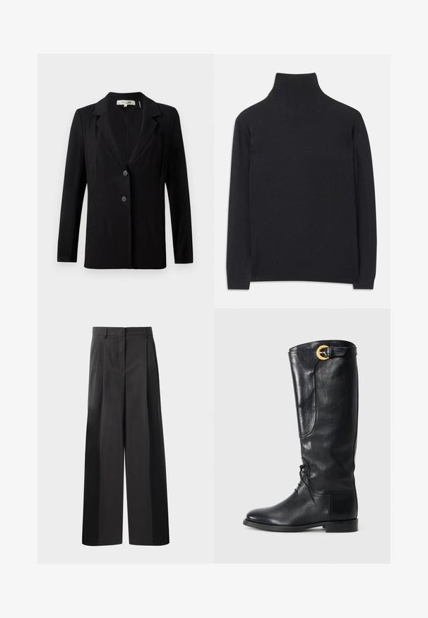 Black blazer featuring a notched collar, two front buttons, and tailored seams. Made of smooth fabric with long sleeves and a structured fit.; Black turtleneck sweater made of soft fabric. Features long sleeves, a high neck, and ribbed cuffs and hem for a fitted look.; Black wide-leg trousers with a high waist, featuring front pleats, a smooth texture, and a tailored finish. Designed for a relaxed fit.; Black leather knee-high boot with a rounded toe, lace-up front, side detail, and a gold accent buckle at the top. Smooth texture.