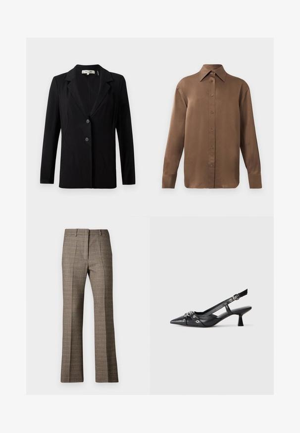Fekete blézer, amelynek hajtott gallérja, két elülső gombja és szabott varrásai vannak. Simára szőtt anyagból készült, hosszú ujjú és strukturált fazonnal rendelkezik.; Barna, hosszúujjú, gombos ing, hegyes gallérral és mandzsettákkal, egyszerű fehér háttér előtt kiemelve.; Barna kockás nadrág egyenes szabással, texturált anyaggal, és a mintázatban lágy bézs és sötétebb barna árnyalatokkal.; Fekete bőr slingback cipő hegyes orral, dekoratív pántokkal, fém szemekkel és alacsony blokk sarkú. Texturált felület.