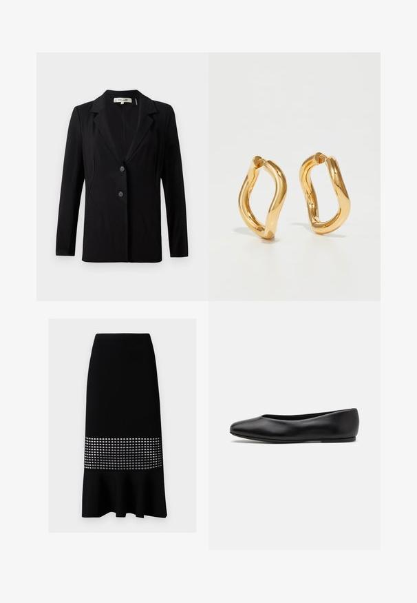 Blazer nero con colletto a punta, due bottoni frontali e cuciture sartoriali. Realizzato in tessuto liscio con maniche lunghe e una vestibilità strutturata.; Camicia bianca button-up in cotone, con taschino sul petto e piccolo logo ricamato. Vestibilità loose con colletto classico e maniche lunghe.; Gonna nera a coste a tubino con fondo svasato e sezione centrale di ritagli circolari argentati. Tessuto morbido, design aderente.; Paul Smith TOPANGA - Ballerine - black; Orecchini a cerchio color oro con una forma curva e irregolare e una superficie liscia e lucida. Nessun hardware o accenti visibili.