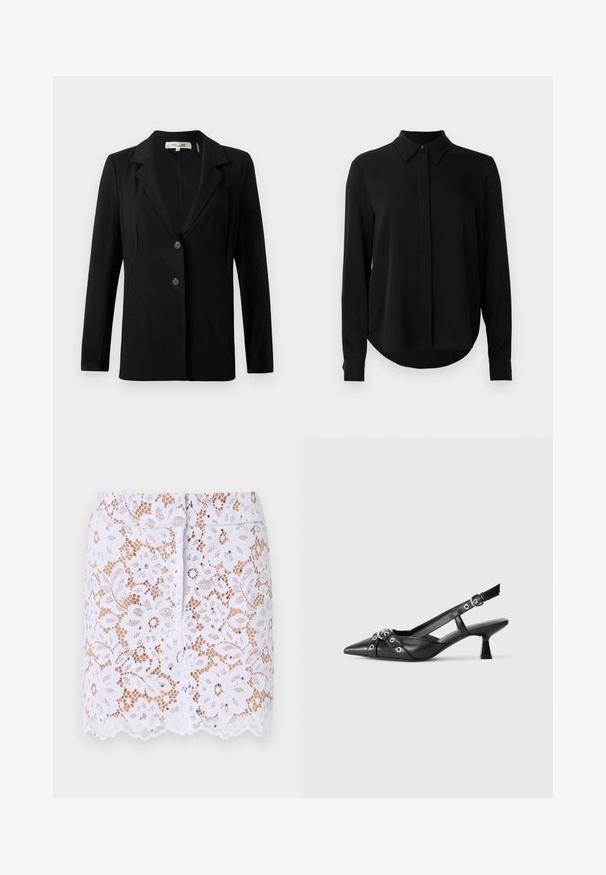 Juodas švarkas su įpjovimu ant apykaklės, dviem priekiniais mygtukais ir pritaikytais siūlais. Pagamintas iš lygaus audinio, su ilgomis rankovėmis ir struktūruotu siluetu.; Juoda ilgomis rankovėmis blusa su smailiu apykakle, paslėptu mygtukų užsegimu ir kreivu hemu ant vientiso balto fono.; Balta nėriniuota sijonas su gėlių raštu, suapvalintu kraštu ir diskretiniais papuošimais. Turi prigludusį dizainą ir paslėptą užtrauktuką gale.; Juodas odinis slingback tipo batai su smailiu priekiniu atvartu, dekoratyvinėmis sagtimis su metaliniais akyčiais ir žemu blokiniu kulnu. Saldus paviršius.