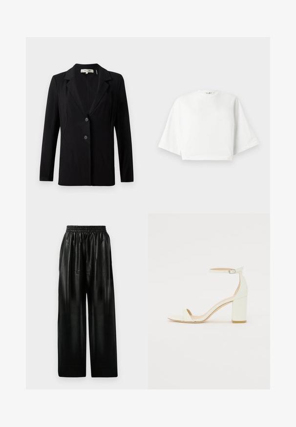 Blazer preto com colarinho em corte a direito, dois botões frontais e costuras ajustadas. Feito de tecido suave, com mangas compridas e um corte estruturado.; Camiseta branca cropped com ajuste relaxado, mangas curtas largas, decote redondo e fendas laterais, feita de material de algodão macio.; Calças largas de couro preto com cintura elástica, apresentando dois bolsos laterais e uma textura suave e brilhante.; Sandal de bloco em pele branca, apresentando uma correia no tornozelo com fivela e um design minimalista. Com biqueira aberta e texturas suaves ao longo de toda a peça.