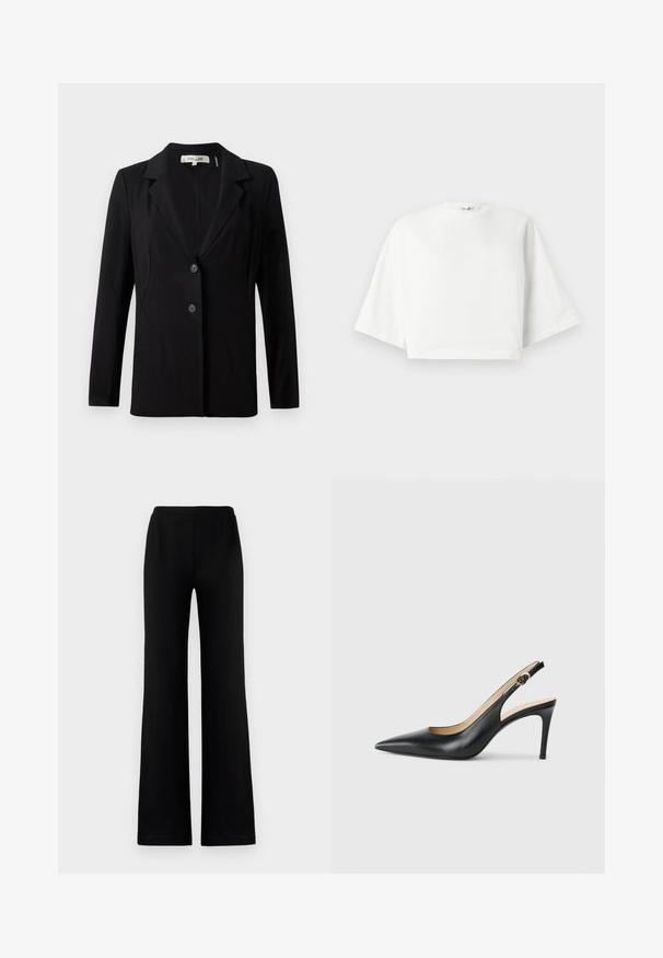 Zwarte blazer met een notch-kraag, twee knopen aan de voorkant en getailleerde naden. Gemaakt van een gladde stof met lange mouwen en een gestructureerde pasvorm.; Witte, cropped t-shirt met een relaxte pasvorm, korte brede mouwen, ronde halslijn en zijsplitten, gemaakt van zacht katoen.; Zwarte, wijde broek van zachte stof met een elastische tailleband, met een gladde textuur en zonder zichtbare zakken of versieringen.; Zwarte leren slingback-hakken met een spitse neus, verstelbare band en een elegante stiletto-hak, met een gladde afwerking.