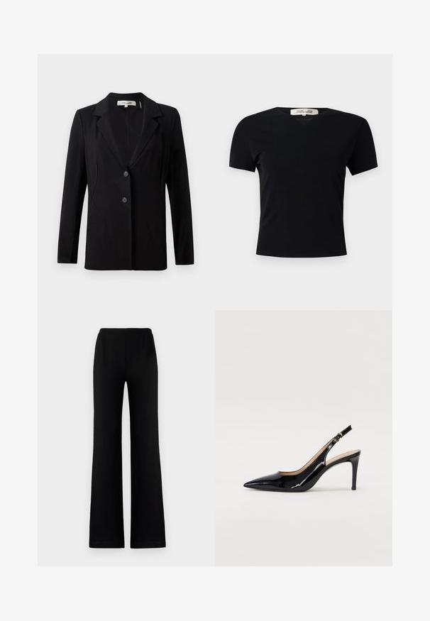 Čierny blazer s klopovým golierom, dvoma prednými gombíkmi a upravenými švami. Vyrobený z hladkej tkaniny, s dlhými rukávmi a štruktúrovaným strihom.; Čierne tričko s krátkym rukávom a výstrihom do V, vyrobené z hladkej, elastickej textílie. Má jednoduchý, klasický strih bez zdobenia.; Čierne široké nohavice vyrobené z mäkkej tkaniny s pružným pásom, s hladkou textúrou a bez viditeľných vreciek alebo ozdôb.; Čierne lakované kožené slingback lodičky s špicatou špičkou, štíhlým podpätkom a jemným výrezom. Obsahuje zlatú pracku na remienku.