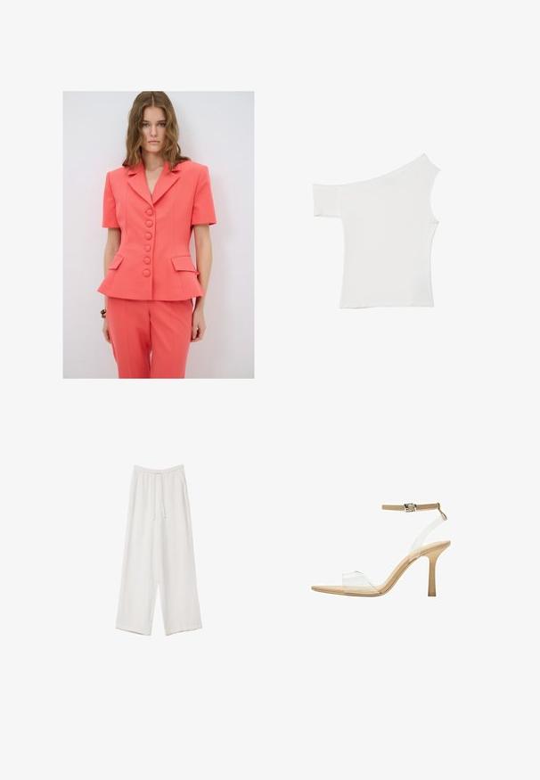 Korallfärgad skräddarsydd kostym med en peplumjacka som har fem knappar, korta ärmar och patchfickor; matchande åtsittande byxor. Slät textur.; Asymmetrisk vit topp i mjukt tyg, med en kort ärm och en off-shoulder design, med ett rent och minimalistiskt utseende.; Vita vida byxor i vid passform gjorda av ett lättviktsmaterial. Har en elastisk midja med dragsko och sidofickor. Slät textur.; Klart häl sandal med en transparent ovandel, beige fotbädd och en smal ankelrem. Har en spetsig tå och en tunn hög klack.