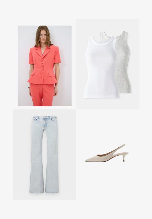 Koronkowy garnitur w kolorze koralowym z kurtką peplum, wyposażoną w pięć guzików, krótkie rękawy i kieszenie naszywane; dopasowane spodnie. Gładka tekstura.; Dwa bezrękawniki: jeden biały, o prążkowanej fakturze, a drugi jasnoszary z delikatnym wzorem heather. Oba mają okrągłe dekolty.; Jasnoniebieskie dżinsy w kształcie dzwonów, wykonane z denimu. Posiadają pasek w talii z metalowym guzikiem, pięć kieszeni oraz subtelne wyblaknięcia na całej powierzchni.; Beżowe szpilki slingback z zakończeniem w szpic i niskim, rozkloszowanym obcasem. Wykonane z gładkiej skóry, o minimalistycznym wzornictwie i regulowanym pasku.