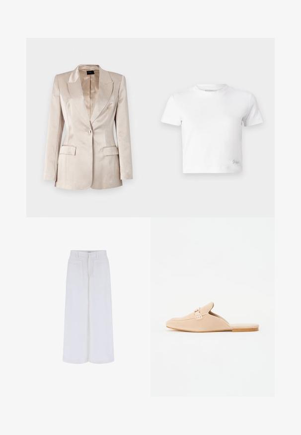Kreminės satino švarkas su struktūrizuotu dizainu, išpjautomis apykaklėmis, vienu mygtuko užsegimu ir dviem priekinių kišenių, pasižymintis lygiu, blizgiu paviršiumi.; Balta trumpa marškinėlių suapvalinta iš lygios medvilnės, su aukštu iškirpimu ir trumpomis rankovėmis. Mažas išsiuvinėtas logotipas apatinėje kampe.; Baltos plačios kelnės su lygiu paviršiumi, turinčios dvi priekinės kišenes ir mygtuko užtraukimą, sukurtos laisvam prigludimui.; Smėliniai zomšiniai lygūs bateliai su uždara nosimi, papuošti dekoratyvine sagtimi ir plokščiu kamštiniu padu. Lygus paviršius su minimalizmu.