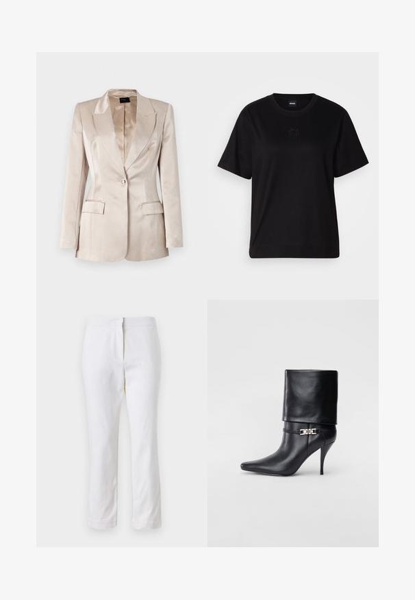 Blazer satinado beige com um design estruturado, lapelas em bico, fecho de um único botão e duas bolsos frontais, apresentando uma textura suave e brilhante.; T-shirt de algodão preto com decote redondo, mangas curtas e um logótipo bordado no peito. Corte simples e descontraído, sem padrões.; Calças de algodão brancas com um design de perna reta, apresentando uma cintura de altura média e sem hardware ou padrões visíveis. Textura suave por toda a peça.; Bota de tornozelo em couro preto com bico fino, alto salto stiletto, punho dobrado e detalhe decorativo em fivela dourada no tornozelo.