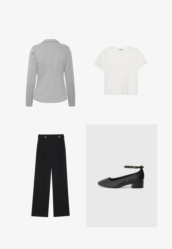 Sivý herringbone blejzer s dlhými rukávmi a zárezovými klopami. Zadná časť má hladkú textúru a padnúci strih, ktorý zvýrazňuje štruktúrovaný dizajn.; Biele tričko s krátkymi rukávmi vyrobené z jemnej bavlny. Má okrúhly výstrih a voľný strih. Čistý dizajn bez viditeľných vzorov alebo akcentov.; Čierne široké nohavice s vysokým pásom, so zapínaním na gombíky na páse a prednými sklady.; Čierne kožené lodičky s špicatou špičkou a nízkym blokovým podpätkom. Obsahuje remienok okolo členka so zlatým prackou. Hladký povrch.