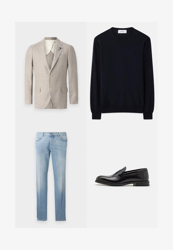 Bézs blézer struktúrált anyagból, kihajtott gallérral, két elülső zsebbel és két gombbal. Kontrasztos elefántcsont színű gallérbéléssel rendelkezik.; Fekete kereknyakú pulóver sima kötött anyagból. Hosszú ujjak szűk mandzsettával és laza illeszkedés a testtől.; Világoskék farmernadrág egyenes lábbal, enyhe kopással, öt zsebbel és gombos derékzárral.; Fekete bőr loaferek sima textúrával, kerek orral és dekoratív pánttal a vampnál. Alacsony, rétegelt sarkú, minimalista dizájn.