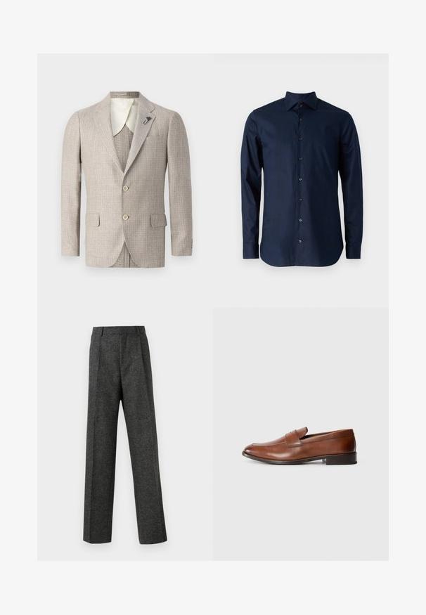 Beige blazer with a textured fabric, notched lapels, two front pockets, and two buttons. Features a contrasting ivory collar lining.; Navy blue long-sleeve shirt made of cotton, featuring a button-up design, pointed collar, and black buttons along the front.; Gray tailored trousers made of textured fabric, featuring two front pleats and a straight-leg design. No visible pockets or embellishments.; Brown leather loafers with a rounded toe, minimal stitching, and a low block heel. Features a decorative strap across the vamp.