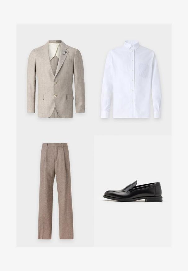 Beige Blazer aus strukturiertem Stoff, mit Reverskragen, zwei frontalen Taschen und zwei Knöpfen. Mit kontrastierender Kragenverarbeitung aus Elfenbein.; Weißes Langarm-Hemd mit Knöpfen aus Baumwolle, ausgestattet mit einer Brusttasche mit tonalem Stickerei, einem Kragen und Knopfmanschetten.; Braune, hochtaillierte Hose aus strukturiertem Stoff. Mit weitem Bein und zwei vorderen Bügelfalten für zusätzliche Form. Saubere Verarbeitung ohne sichtbare Hardware.; Schwarze Lederloafers mit glatter Textur, rundem Zehenbereich und einem dekorativen Riemen über dem Vorderfuß. Niedriger, gestapelter Absatz, minimalistisches Design.