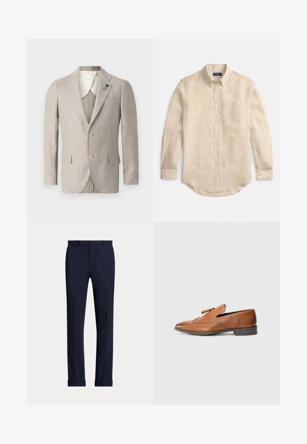 Bež sako s teksturiranim materijalom, reverima, dva prednja džepa i dva dugmeta. Sadrži kontrastnu oblogu od slonovače na ovratniku.; Bež košulja dugih rukava s bijelim vertikalnim prugama, ovratnik na kopčanje, prednji džep i etiketa "Polo Ralph Lauren" unutar ovratnika.; Mornarske hlače elegantnog izgleda s glatkom teksturom, ravnim prednjim dijelom, izrezanim naborima, omčama za remen i manžetama na rubovima. Izrađene od lagane tkanine.; Smeđe kožne cipele s perforiranim detaljima, teksturiranim stranicama, ravnim đonom i dekorativnom mašnom na gornjem dijelu. Klasičan dizajn s glatkom završnom obradom.