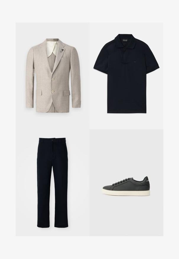 Beige blazer with a textured fabric, notched lapels, two front pockets, and two buttons. Features a contrasting ivory collar lining.; Navy blue short-sleeve polo shirt with collar and subtle logo on the left chest, flat-lay on white background.; Navy blue trousers made of cotton, featuring a straight-leg design, a front button closure, and classic waistband with belt loops.; Black leather sneaker with a low profile, rounded toe, and lace-up closure; features a textured rubber sole and logo detail on the heel.