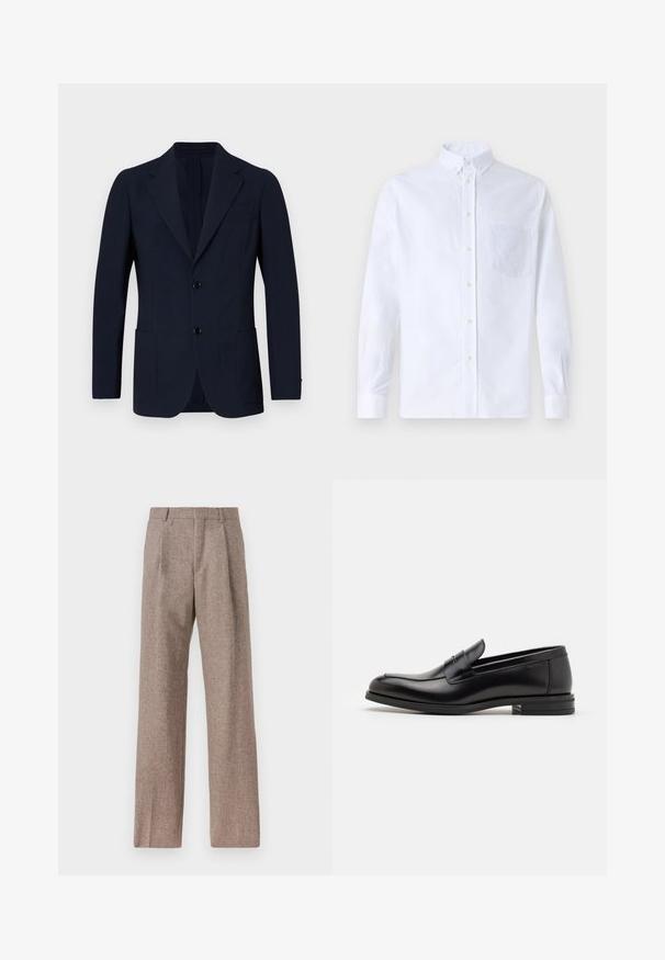 Navy blue blazer made of textured fabric, featuring a two-button closure, lapel collar, and two front pockets. Classic tailored design.; White long-sleeve button-up shirt made of cotton, featuring a chest pocket with tonal embroidery, a collar, and button cuffs.; Brown, high-waisted trousers made of textured fabric. Features wide legs and two front pleats for structure. Neat finish with no visible hardware.; Black leather loafers with a smooth texture, rounded toe, and a decorative strap across the vamp. Low stacked heel, minimalist design.