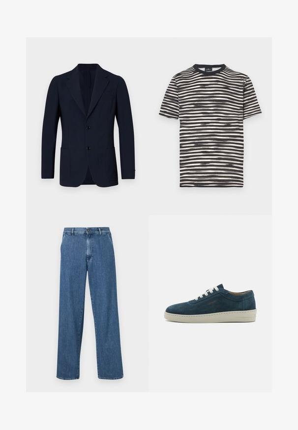 Mornarčeko plavi blazer izrađen od teksturiranog materijala, sa zatvaranjem na dva dugmeta, ovratnikom i dva prednja dzepa. Klasičan kroj.; Crno-bijela prugasta majica s okruglim izrezom, kratkih rukava i mekane teksture. Ima izmjenjujuće debele i tanke pruge.; Široke traperice od plavog denima s kopčanjem na gumbe, prednjim džepovima i klasičnim ravnim krojem s izbjeljenim finišom.; Plave sneakersice od umjetne kože s okruglim vrhom, bijelim vezicama i gumenom potplatom. Imaju suptilno šivanje i brandiranu oznaku sa strane.