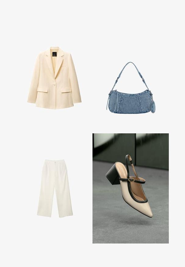 Creme blazer med spids krave, enkelt knaplukning, to forlommer og en brystlomme. Fremstillet af glat stof med en skræddersyet pasform.; Asymmetrisk hvid top lavet af glat stof, med én kort ærme og en off-shoulder design, med et rent, minimalistisk udseende.; Bredde bukser i cremefarvet stof med en glat tekstur, der har en enkelt knap foran, diskrete folder og design med høj talje.; Beige spids tå slingback sko med sort kant, guld spænde og en chunky blokhæl på grå gulv med mørkegrøn baggrund.; Denim håndtaske med buet form, lyseblå farve, justerbar skulderrem og en lille aftagelig pung med metalliske detaljer.