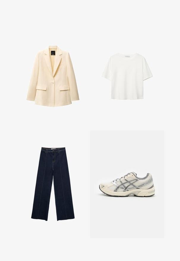 Krémový blejzer s klopou, jedným gombíkovým zapínaním, dvoma prednými vreckami a náprsním vreckom. Vyrobený z hladkej tkaniny s prispôsobeným strihom.; Biela krátkopsová tričko vyrobené z bavlny. Má okrúhly výstrih a voľný strih. Hladká textúra bez viditeľných vzorov alebo akcentov.; Široké nohavice z tmavého denim materiálu s kontrastným prešívaním, vysokým pásom a rovnym strihom. Obsahujú predné vrecká a klasické zapínanie na gombík.; Bežecké topánky s priedušným bielym sieťovaným zvrškom, striebornými akcentami, šedými šnúrkami a odolnou čiernou gumovou podrážkou. Ľahký, polstrovaný dizajn.