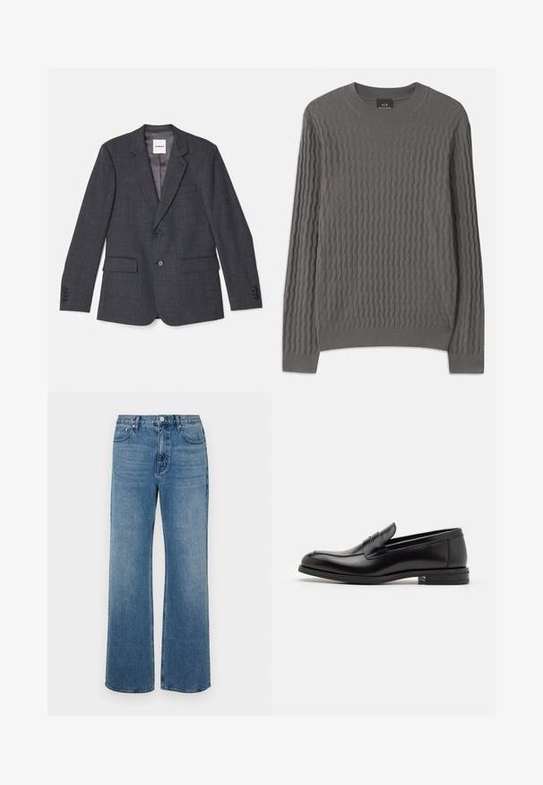 Harmaa räätälöity bleiseri, joka on valmistettu kudotusta kankaasta. Siinä on yksi nappi, kaksi etutaskua ja viistetty kaulus.; Armani Exchange Neule - dark gull zig zag; Levelederg blå jeans laget av denim med en falmet finish. Har fem lommer, glidelås foran og rett snitt.; Mustat nahkakengät, joissa on sileä pinta, pyöreä kärki ja koristeellinen nauha jalkapöydän yli. Matala pinoitu koroke, minimalistinen muotoilu.