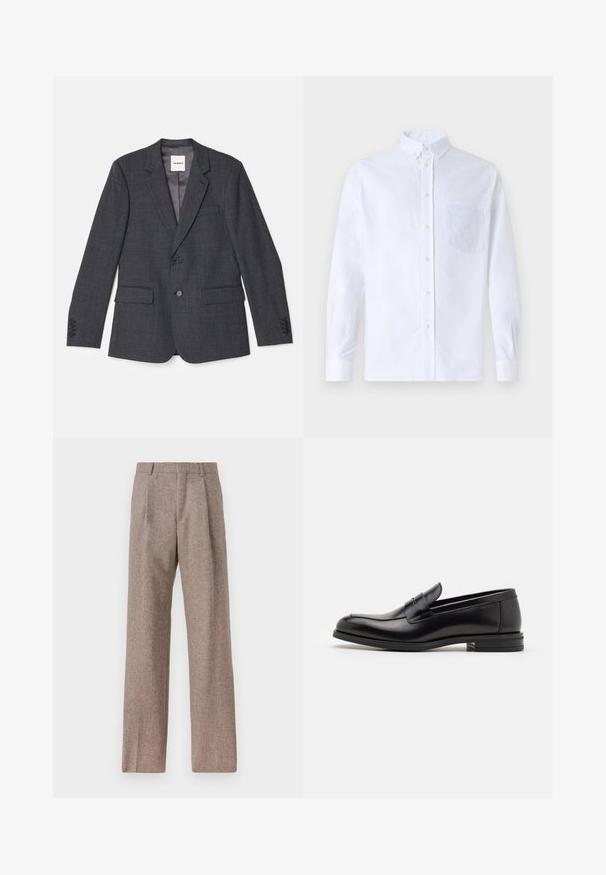 Sivi krojeni sako od tkanog materijala, s jednim dugmetom, dva prednja džepa i reverom.; Bijela košulja s dugim rukavima na dugme, izrađena od pamuka, s džepom na prsima s ton-sur-ton vezom, ovratnikom i dugmadi na manžetama.; Smeđe, hlače viskog struka od teksturiranog materijala. Imaju široke nogavice i dva prednja pregiba za strukturu. Uređen završetak bez vidljivih metalnih dijelova.; Crni kožni mokasini s glatkom teksturom, zaobljenim prstima i ukrasnom trakom preko prednjeg dijela. Niski slojeviti potplat, minimalistički dizajn.