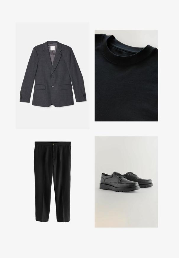 Sivi krojeni blejzer iz tkane tkanine, ki vsebuje en gumb za zapiranje, dva sprednja žepa in rever z zarezami.; Črna majica s kratkimi rokavi in krojem s širokim ovratnikom, izdelana iz mehkega, teksturiranega materiala. Preprost dizajn brez vzorcev ali tiskov.; Črne hlače iz lahkega blaga, s pravim krojem, gubanjem spredaj in enim gumbom za zapiranje v pasu.; Črne usnjene čevlje z teksturirano zgornjo plastjo, okroglo toe, zavezovanjem in debelim gumijastim podplatom, ki ima vzorčno podlago.
