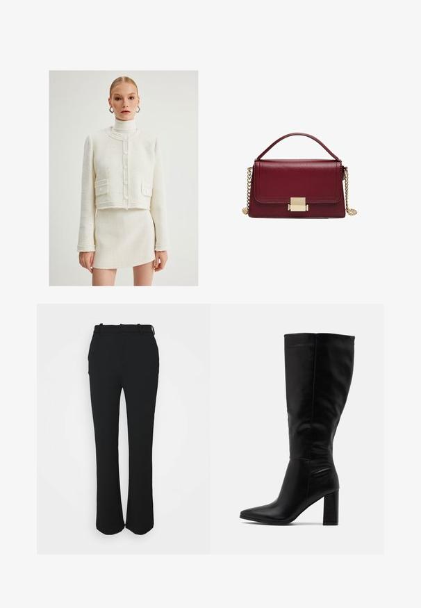 Hvid tekstureret kort jakke med rund halsudskæring, foran knapper og to klaplommer. Bærers over en matchende tætsiddende miniskørt.; Blå og sort lynlås sweatshirt med hvide detaljer, som har "RACING" logo i fed skrift, høj krave og to lynlåslommer.; Sorte skræddersyede bukser med en glat finish, lige ben design og en taljeelastik. Har diskrete stikninger og ingen lommer.; RAID JORDANN - Højhælede støvler - black; Marron læderhåndtaske med struktureret design, guldhardware-lås og en aftagelig kædetras. Glat tekstur og rektangulær form.