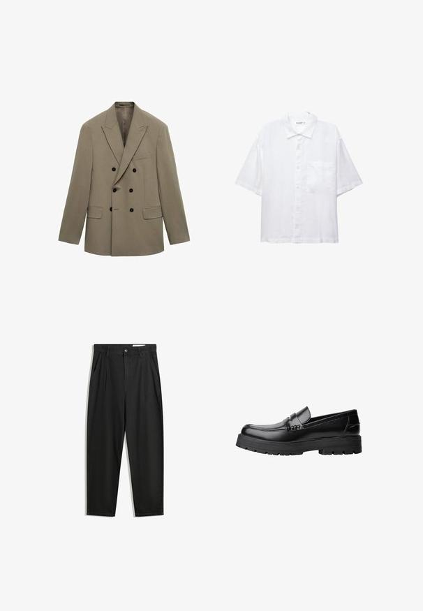 Dubbelt knäppt kavaj i ljusbrunt tyg med ränder, har svarta knappar, två framfickor och en kavaj med slag.; Vit kortärmad skjorta med knappslå framtill, krage och en bröstficka. Tillverkad av lätt tyg med en slät textur.; Svarta bomullsshorts med avslappnad passform, med en klassisk midja, framveck och sidfickor. Slät textur utan mönster.; Svart läderloafer med kraftig mönstrad sula och dekorativ rem över framtill, visad i vänster sidoprofil på vit bakgrund.