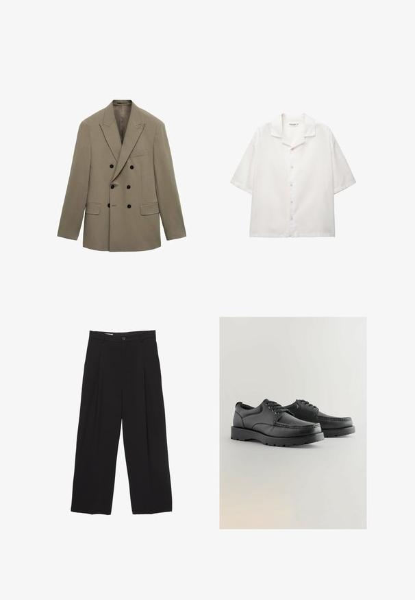 Dvouřadový blazer ze světle hnědé látky s proužky, obsahuje černé knoflíky, dvě přední kapsy a klopový design.; Košile s krátkým rukávem a otevřeným límcem v bílé barvě vyrobená z bavlny. Má zapínání na knoflíky a klasické knoflíky a volný střih.; Černé kalhoty širokého střihu vyrobené z hladké látky, s plochým pasem, předními záhyby a jedním knoflíkem na zapínání.; Černé kožené boty s texturovaným svrškem, kulatou špičkou, šněrovacím designem a silnými gumovými podrážkami s vzorovaným běhounem.