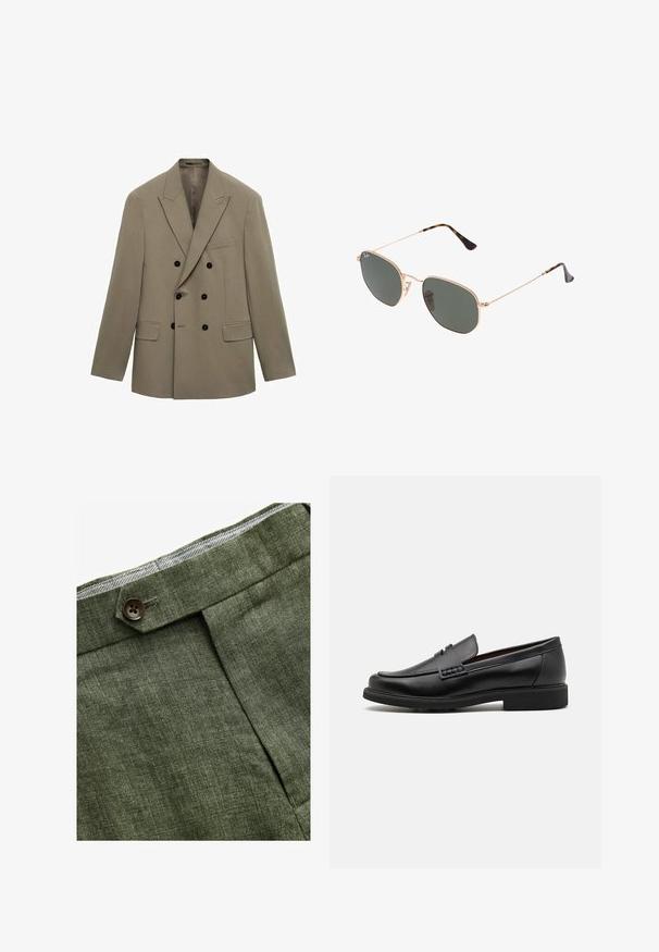 Dwurzędowa marynarka w jasnobrązowym materiale w paski, z czarnymi guzikami, dwiema przednimi kieszeniami oraz klapami w stylu wykładanym.; Biała, długorękawowa koszula zapinana na guziki z wyrazistym kołnierzykiem, o gładkiej fakturze i siedmioma guzikami z przodu.; Zielone lniane spodnie w odcieniu oliwkowym z plisami z przodu, posiadające zapięcie na guzik i kontrastową kratkowaną podszewkę w pasie.; Czarne syntetyczne mokasyny z wyraźnym przeszyciem z przodu, wyściełaną wkładką i płaską gumową podeszwą; smukły design z minimalnymi detalami.; Złote okulary przeciwsłoneczne w stylu aviatora z ciemnozielonymi soczewkami, z wąskimi ramionami i akcentami w panterkę na końcach.