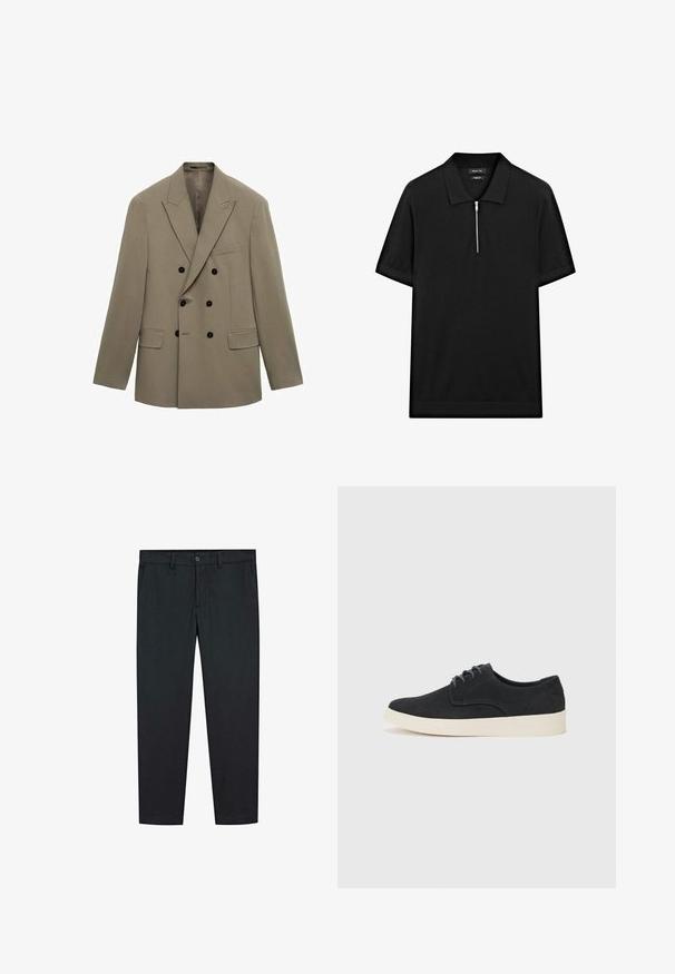 Blazer doppiopetto in tessuto marrone chiaro con righe sottili, dotato di bottoni neri, due tasche anteriori e un design a rever.; Polo shirt nero a maniche corte con colletto rialzato e zip frontale. Realizzato in un tessuto liscio con un design pulito e minimalista.; Pantaloni neri con un design a gamba dritta, realizzati in un tessuto morbido. Presentano due tasche frontali e una chiusura a bottone in vita.; Scarpa in suede nera con lacci, punta arrotondata, suola leggera color crema e dettagli di cucitura blu discreti sulla parte superiore.