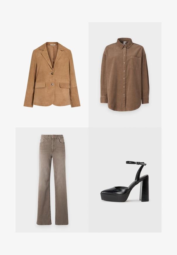 Brązowa zamszowa marynarka z klapami, pojedynczym zapięciem na guzik, dwoma przednimi kieszeniami i gładką teksturą.; ONLY ONLAIME MOXI brązowy; Brązowe dżinsy o wysokim stanie i prostych nogawkach z guzikami z przodu, pętelkami na pasek oraz klasycznym pięciokomorowym designem na białym tle.; Czarne platformy na wysokim obcasie z szpiczastym noskiem i regulowanym paskiem na kostkę. Wykonane z gładkiej skóry, z grubym słupkowym obcasem.