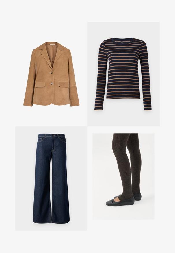 Blazer en daim marron avec un revers cranté, fermeture à un bouton, deux poches avant et une texture lisse.; Chemise à manches longues bleu marine avec des rayures horizontales marron et un col rond, présentée sur un fond blanc.; Jean large en denim bleu foncé. Présente des coutures contrastées, cinq poches et une fermeture par bouton à la taille. Texture lisse.; Chaussures plates noires avec un petit nœud au niveau des orteils, associées à des collants côtelés marron foncé. Les chaussures ont une texture lisse et un profil bas.