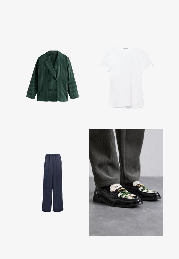 Dvojni zeleni blazer z belimi navpičnimi črtami, z zaznamovanim ovratnikom in dvema črnima gumboma. Narejen iz gladkega materiala.; Bela kratka majica s kratkimi rokavi iz gladkega materiala, ki ima okroglo ovratnico in subtilne šive na robu.; Modre široke hlače iz gladkega blaga z elastičnim pasom in brez vidne opreme. Imajo sproščen kroj in polno dolžino.; Črne usnjene mokasine z dekorativnim zgornjim delom iz zelene in bele tekstilne tkanine. Ponuja zlat naglas v obliki verige in teksturiran črn podplat.