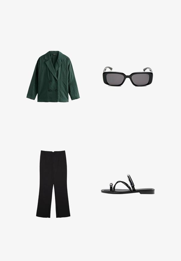 Dubbelknäppt grön kavaj med vita vertikala ränder, med slagkrage och två svarta knappar. Tillverkad av ett mjukt tyg.; Svart ärmlös crop top i mjukt tyg, med rund hals och en ren, enkel design utan mönster eller detaljer.; Svarta byxor med rak passform, utrustade med framfickor och sidoklyvningar vid fållen. Tillverkade av mjukt, slätt tyg. Lämpliga för olika tillfällen.; Svarta platta sandaler med en glänsande yta, tre tunna remmar och en cirkulär detaljer i metall vid tån. Elegant design med en minimal klack.; Svarta rektangulära solglasögon med mörka linser, slimmad plastbåge och böjda tempel. Designen är kraftig med en minimalistisk estetik.