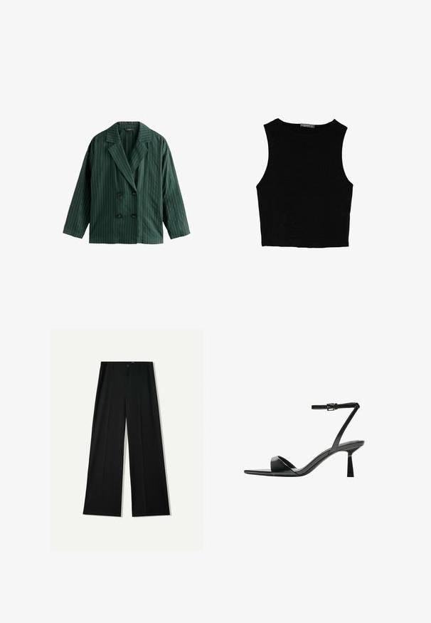 Blazer vert à double boutonnage avec des rayures verticales blanches, doté d'un col cranté et de deux boutons noirs. Fabriqué en tissu lisse.; Top court sans manches noir en tissu lisse, avec un col rond et un design épuré, simple, sans motifs ni accessoires.; Bershka WIDE - Pantalon classique - black; Bershka Sandales à talons hauts - black
