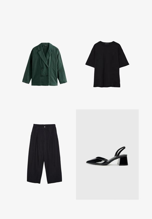 Dwurzędowa zielona marynarka w białe pionowe paski, z wyłogowym kołnierzem i dwoma czarnymi guzikami. Wykonana z gładkiego materiału.; Czarna bawełniana koszulka z luźnym krojem, krótkimi rękawami, okrągłym dekoltem i gładką fakturą. Bez widocznych wzorów ani akcentów.; Czarne spodnie culotte z poliestru z elastycznym pasem, dwoma fałdami z przodu i luźnym krojem. Brak widocznych wzorów lub elementów metalowych.; Czarne lakierowane półbuty na obcasie z wydłużonym noskiem i geometrycznym słupkiem. Charakteryzują się eleganckim, minimalistycznym designem oraz gładką fakturą.