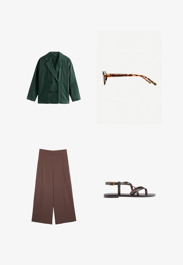 dobbeltbrystet grøn blazer med hvide lodrette striber, med en spids krave og to sorte knapper. Fremstillet af glat stof.; Brun bomulds t-shirt med korte ærmer og dyb V-hals. Enkel design, blød tekstur og lige kant. Ingen mønstre eller detaljer.; Brune bredbunde bukser med en glat tekstur, der har høj talje og plisseringer foran. Stoffet er let og falder løst.; Brune lædersandal med krydsende stropper, ankelspænde og en flad sål med minimale syninger.; Skildpaddemønstret solbriller med en tyk ramme, let buede stænger og glat overflade. Har et klassisk design med en blank finish.