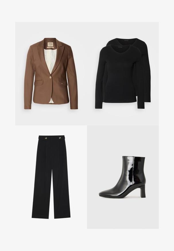 Mos Mosh BLAKE NIGHT - Žakete - rain drum; Divi melni krekli ar garām piedurknēm un V-veida kakla izgriezumu, izgatavoti no mīksta, elastīga auduma, ar gludu tekstūru un pieguļošu formas.; Melnas platās bikses ar augstu jostasvietu, pogu detaļām uz jostas un priekšējām krokām.; Melnas patentētas ādas potīšu zābaki ar norādītu pirkstu un vidēja augstuma kvadrātveida papēdi. Gluda tekstūra un minimālisma dizains.