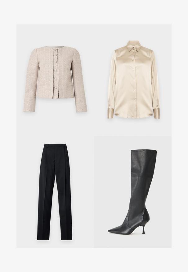 Beige tweedblazer med rund halsringning, knäppning fram och långa ärmar. Har ett texturerat mönster och en subtil lyster.; Beige satin skjorta med spetsig krage, helärmade ärmar, knappstängning och manschetter med en något glansigare finish. Inga mönster eller accenter.; Svarta byxor i mjukt tyg med hög midja, vida ben, framfickor och klassiska bältesöglor. Inga sidofickor synliga.; Knähöga svarta läderstövlar med spetsig tå och smal stilettklack. Slät textur med en åtsittande design och sömnad vid övre kanten.