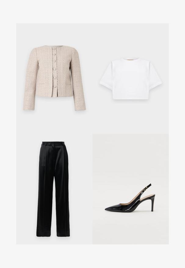 Bežinis tweed bleizeris su apvalia iškirpte, priekyje užsegamas mygtukais ir ilgomis rankovėmis. Yra tekstūruotas raštas ir subtilus blizgesys.; Trumpas baltas marškinėliai iš minkštos medžiagos, su trumpomis rankovėmis, apvaliu iškirpimu ir raukšlėtais hemų detalėmis. Paprastas ir be puošmenų dizainas.; Juodos satino kelnės su aukštu liemeniu, tiesiais plačiais kojais, diržo kilpomis ir plokščiu uždarymu prieš baltą fono.; Juodas lakinės odos slingback batelis su smailiu nosiu, plonu kulnu ir subtiliu išpjovos dizainu. Yra auksinė sagtis ant dirželio.