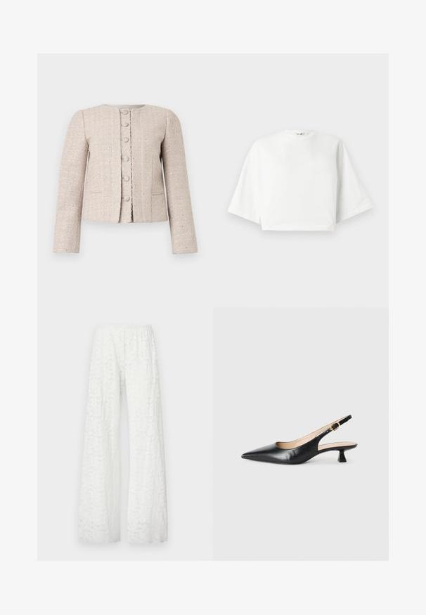Blazer de tweed bege com gola redonda, fecho frontal por botão e mangas longas. Apresenta um padrão texturizado e um brilho sutil.; Camiseta branca cropped com ajuste relaxado, mangas curtas largas, decote redondo e fendas laterais, feita de material de algodão macio.; Calças largas brancas com um cós elástico, apresentando um padrão de renda floral texturizada por todo o tecido.; Sandal de salto kitten em couro preto com bico pontudo e fivela dourada na correia lateral, em fundo branco.