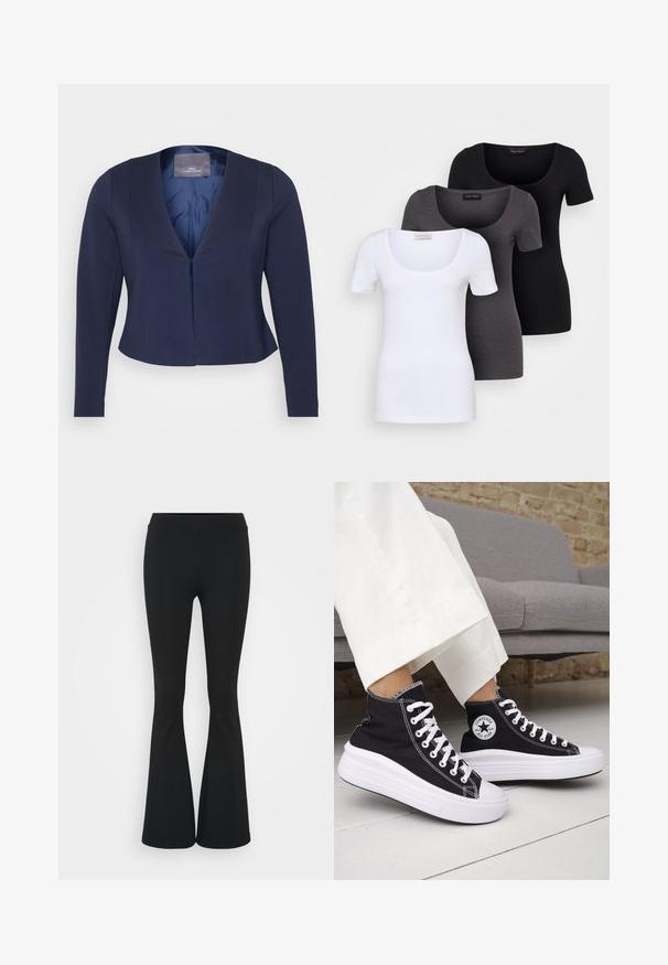 Blazer cropped azul-marinho com mangas longas, decote V profundo, textura suave e um único fecho frontal. Interior forrado com etiqueta visível.; Três t-shirts ajustadas em branco, cinza e preto. Cada uma possui um decote amplo e mangas curtas. Feitas de um tecido liso e elástico.; Calças pretas de corte alargado feitas de tecido elástico, com uma cintura alta e uma textura suave. As calças alargam-se a partir do joelho.; Ténis pretos de cano alto com solas e atacadores em borracha branca. Apresentam um emblema redondo e costuras contrastantes em branco. Material em lona.