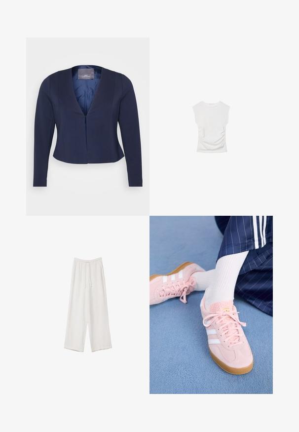 Tummansininen lyhyt bleiseri, jossa on pitkät hihat, syvä V-pääntie, sileä rakenne ja yksi etulukitus. Vuoritettu sisäosa, jossa näkyy etiketti.; Valkoinen lyhythihainen paita pyöreällä kaula-aukolla. Sivuilla koristeltu rypytetyllä tekstuurilla ja muotoiltu istuvaksi, valmistettu pehmeästä ja joustavasta materiaalista.; Valkoiset leveälahkeiset housut kevyestä kankaasta. Ominaisuuksiin kuuluu elastinen vyötärö, jossa on nauhakuuluma ja sivutaskut. Sileä rakenne.; Vaaleanpunaiset mokkanahkakengät, joissa on valkoiset raidat ja nauhat, varustettuna tekstuurilla olevalla kielillä ja kumipohjalla, asetettuna siniselle matolle.