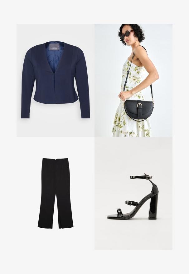 Navyblauer, taillierter Blazer mit langen Ärmeln, tiefem V-Ausschnitt, glatter Textur und einem einzigen Frontverschluss. Gefüttertes Innenfutter mit sichtbarem Etikett.; Schwarzes, kurzärmeliges, bauchfreies T-Shirt mit rundem Halsausschnitt und einfachem Design, flach auf weißem Hintergrund liegend.; Schwarze Hose mit geradem Schnitt, ausgestattet mit Fronttaschen und Seitenschlitzen am Saum. Hergestellt aus weichem, glattem Stoff. Geeignet für verschiedene Anlässe.; Schwarze patentierte Sandalen mit Absatz, quadratischer Spitze, Knöchelriemen und silbernen Schnallen. Mit einem stabilen Blockabsatz für mehr Stabilität.; Schwarze Lederhandtasche mit geschwungener Form, abnehmbarem Tragegurt und goldenen Beschlägen. Die Tasche verfügt über einen Deckel mit einer Schnallen-Details.